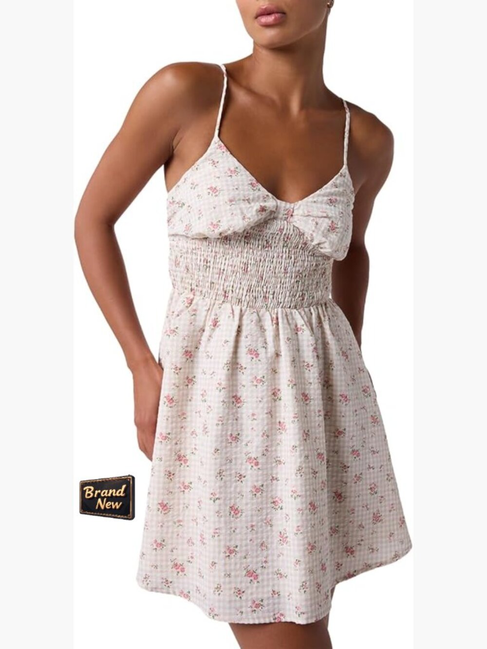 Smocked Mini Dress with Bow Back and Floral Pattern
